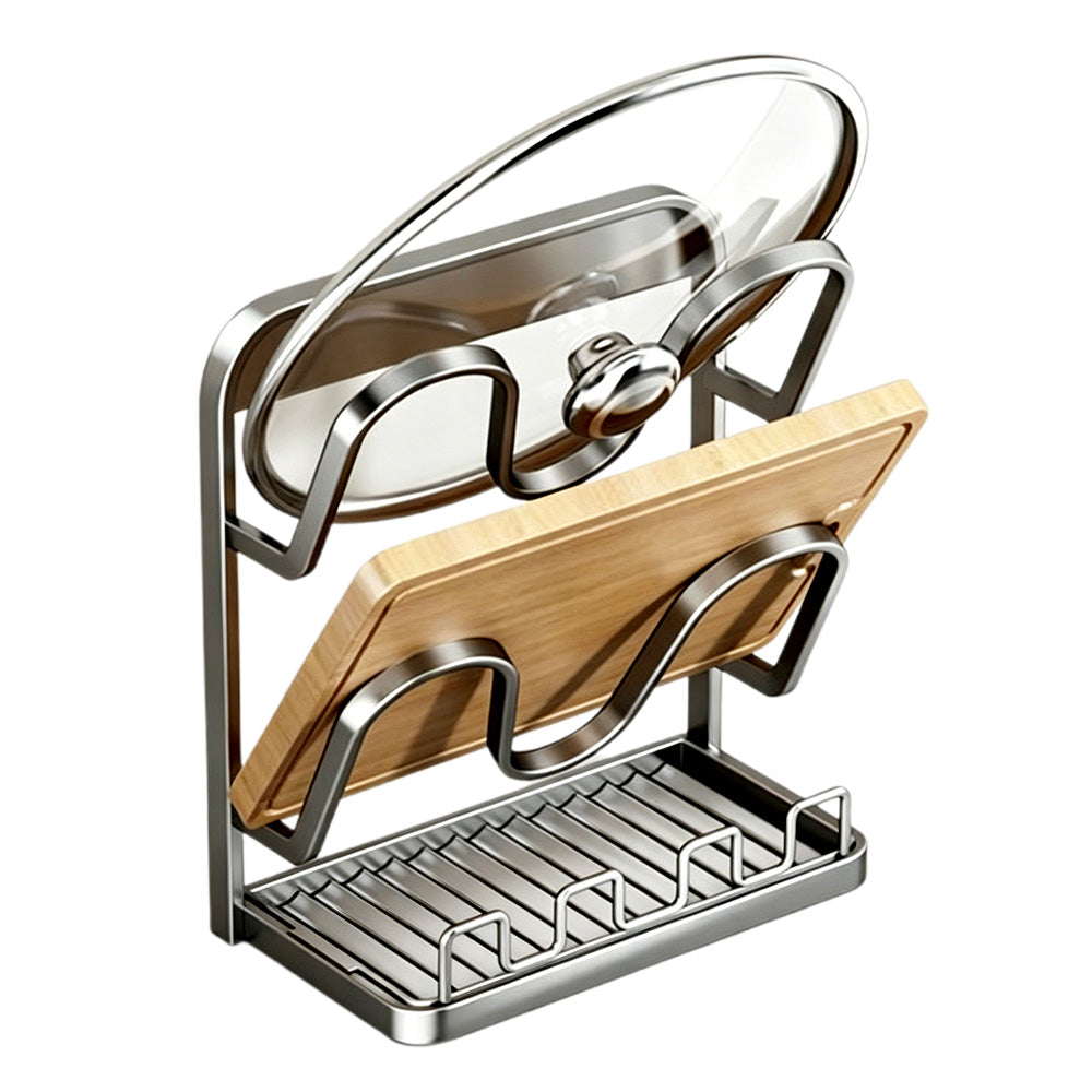 Kitchen Pot Lid Storage Rack Carbon Steel Holder with Drip Tray Organizer