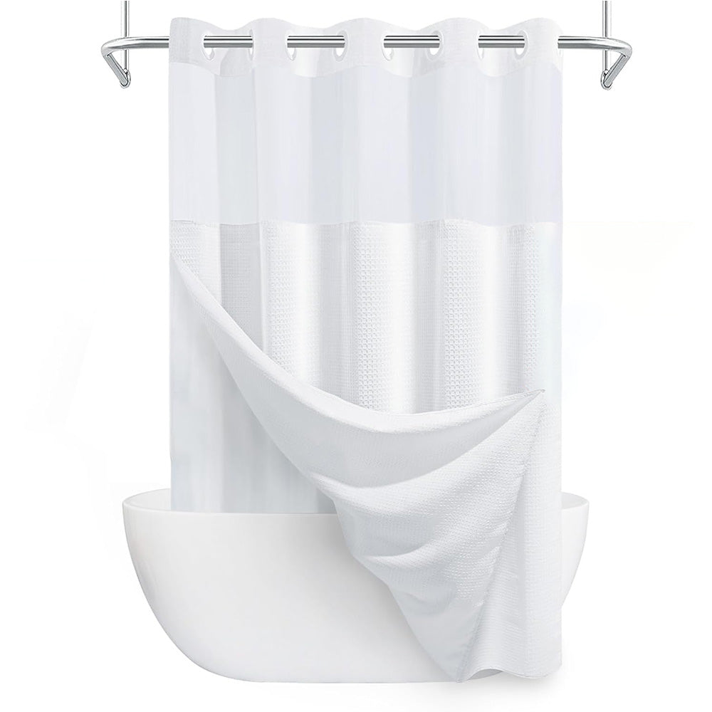No Hook Shower Curtain with Snap-in Liner and See Through Top Window