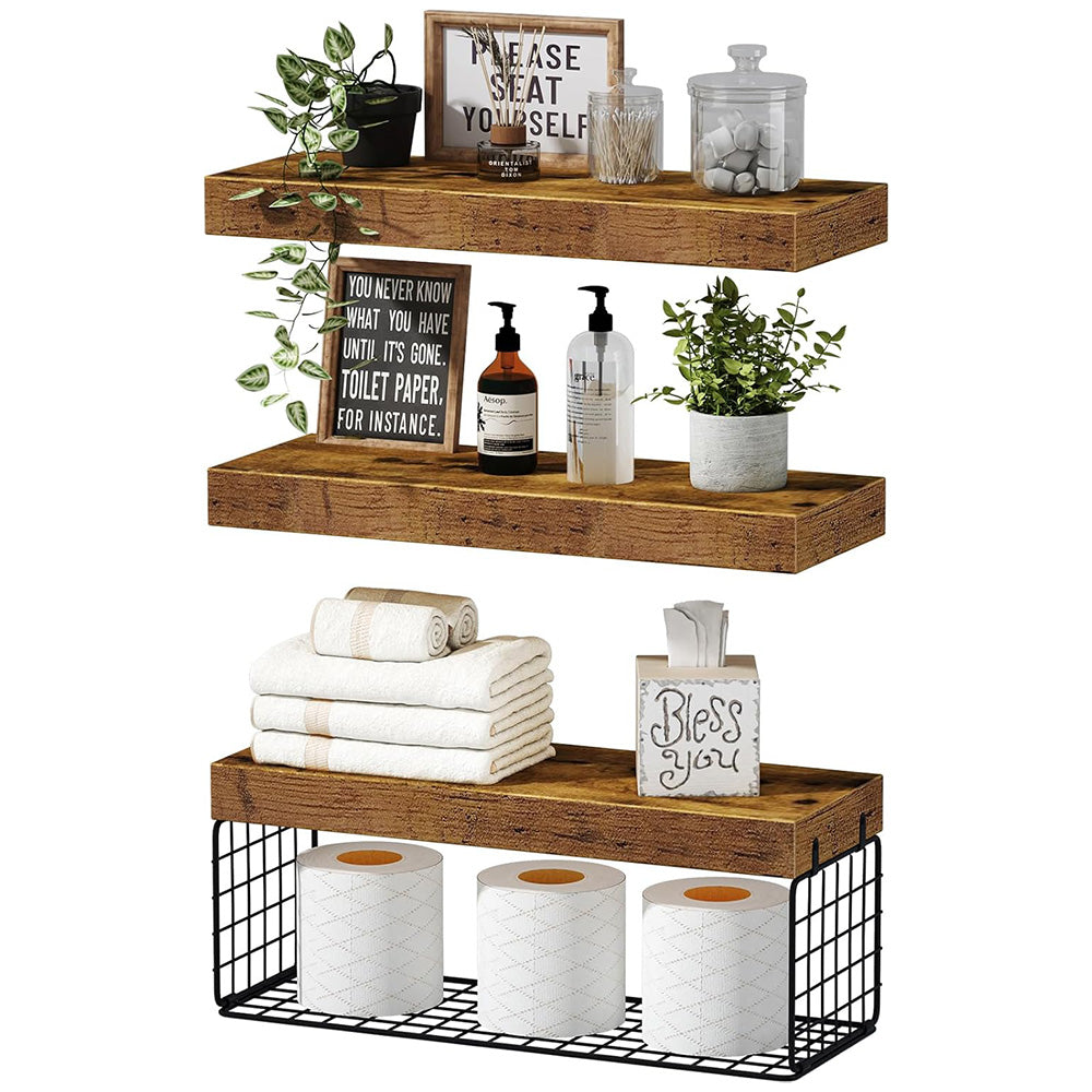 3 Tier Bathroom Shelf Wall Mounted Floating Shelf with Storage Basket