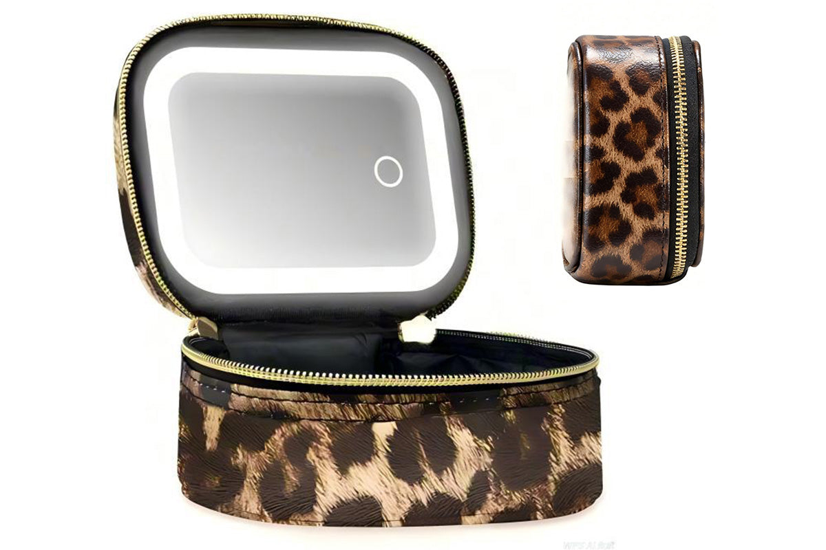 PU Leather Makeup Case Lighted Mirror LED Travel Cosmetic Organizer