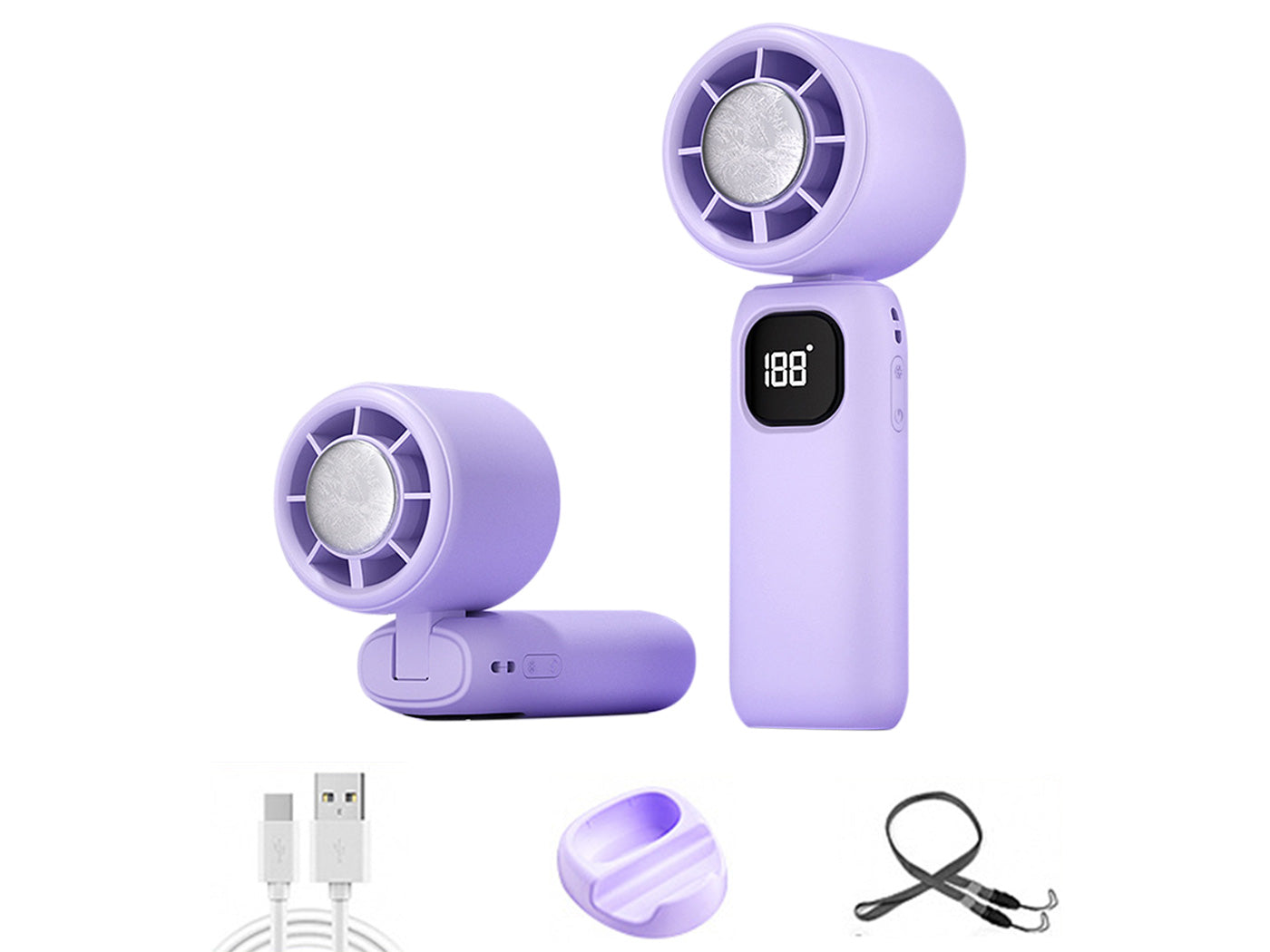 100 Speeds Digital Display Cooling Fan USB Fan with Lanyard and Phone Holder Base