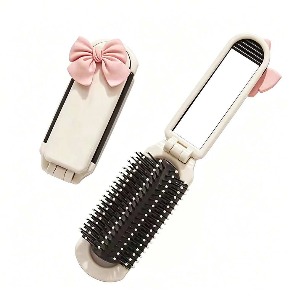 2Pcs Folding Hair Brush with Detachable Makeup Mirror Portable for Travel Student Office