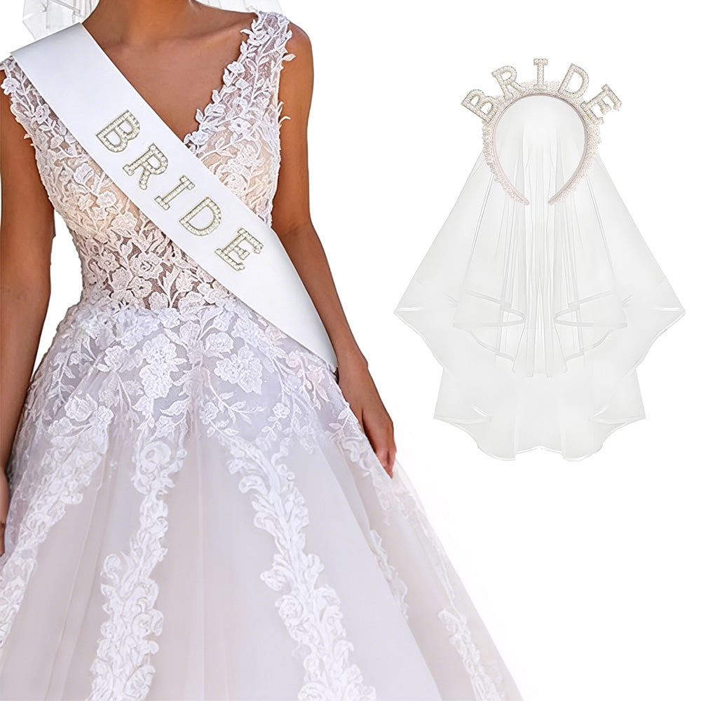 Bride Accessory Set with Veil Sash and Headband for Bachelorette Party Bridal Shower