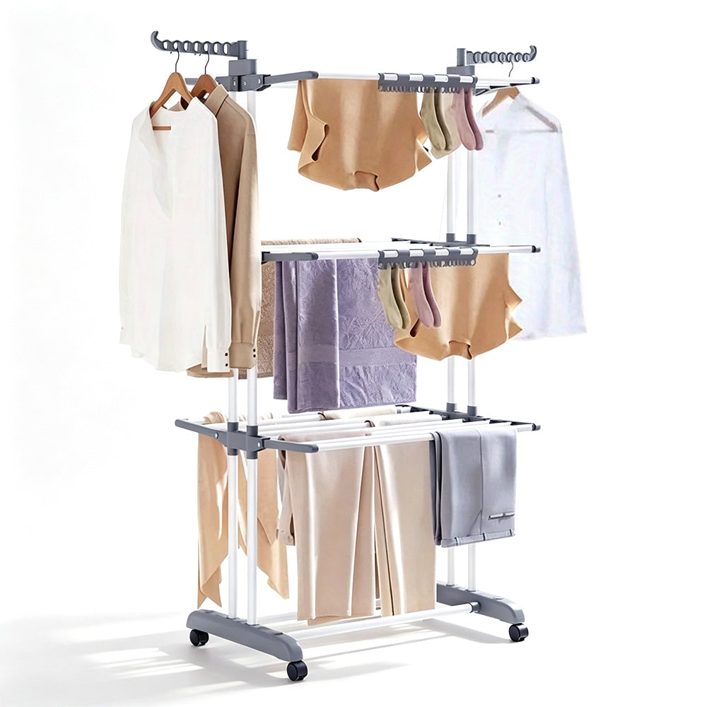 4 Tier Foldable Clothes Drying Rack with Wheels and Storage Hooks