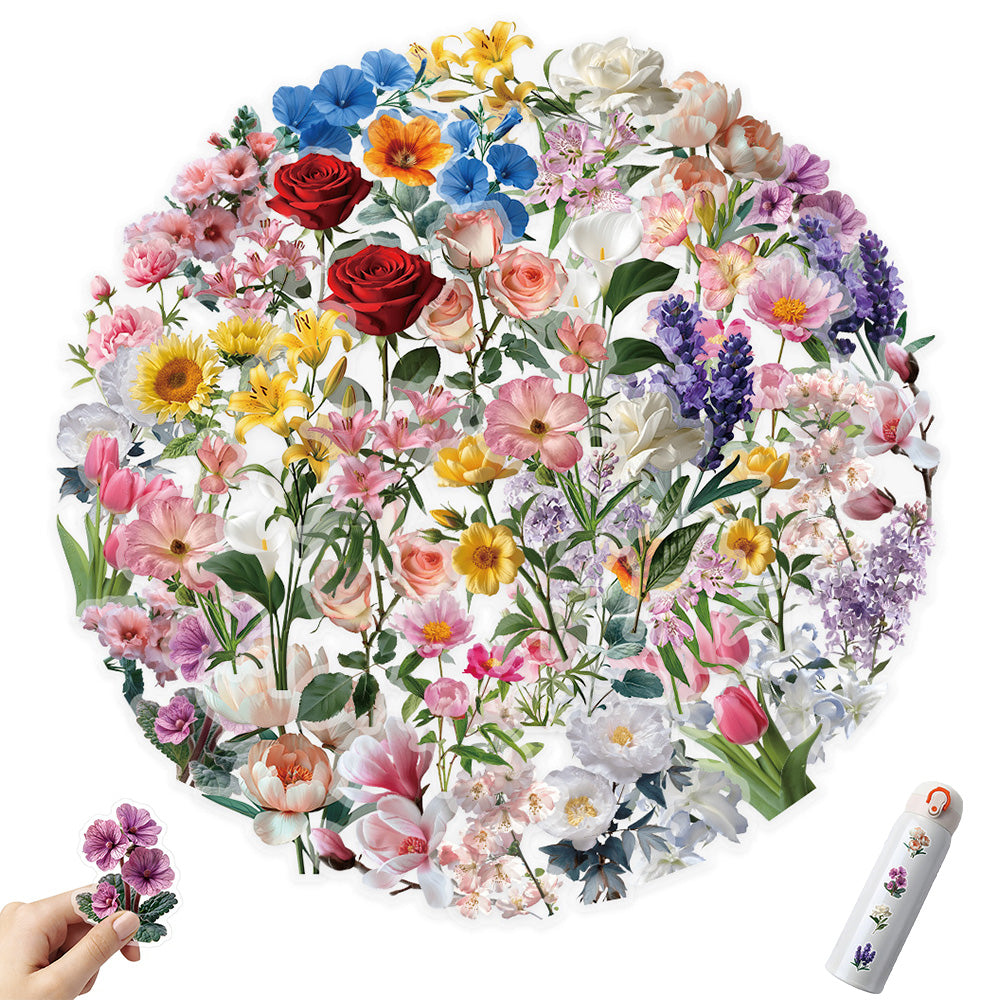 50 Pcs Floral Transparent PET Stickers DIY Decals for Phone Case Cup Laptop