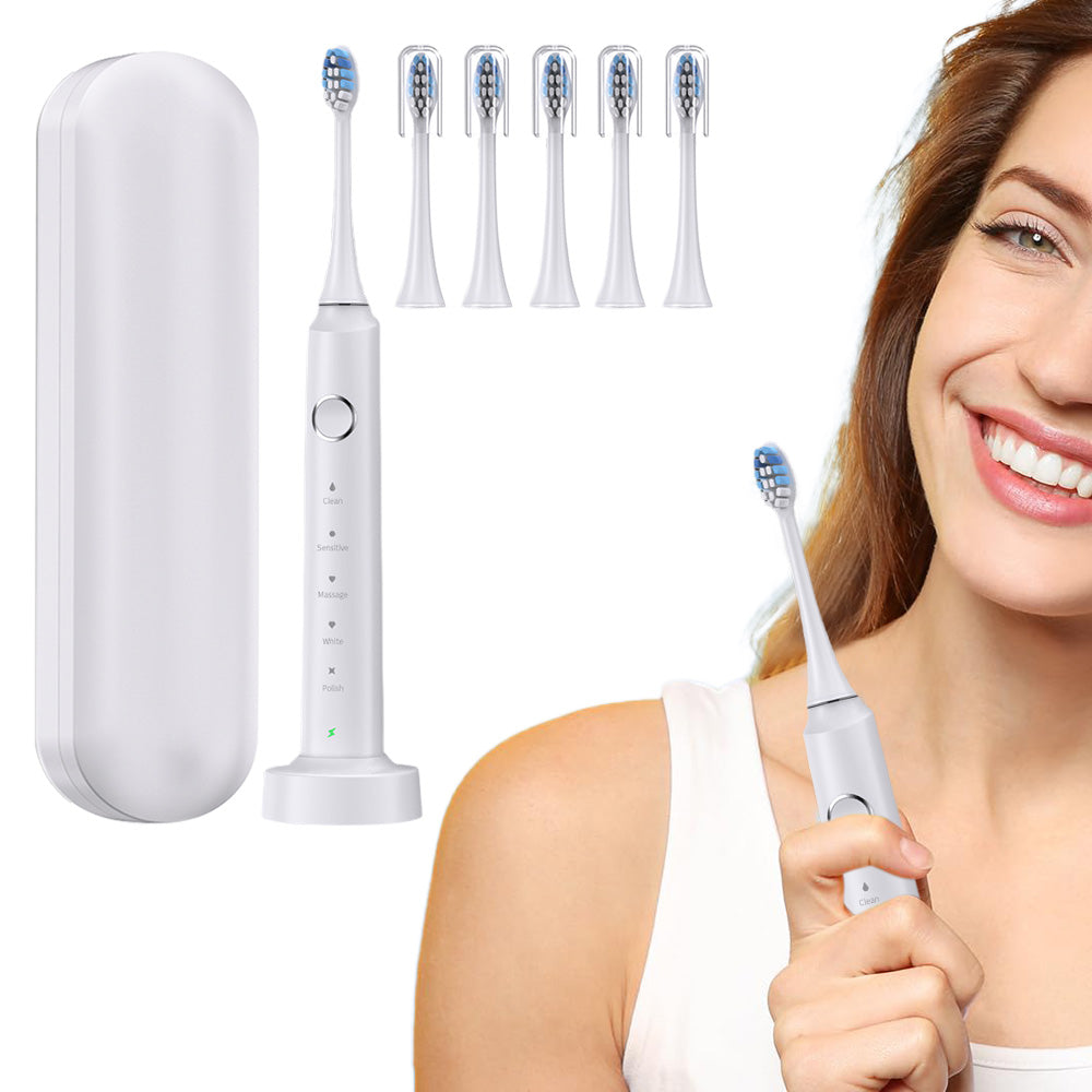 Electric Toothbrush Wireless Charging with 5 Modes 6 Brush Heads and Smart Timer