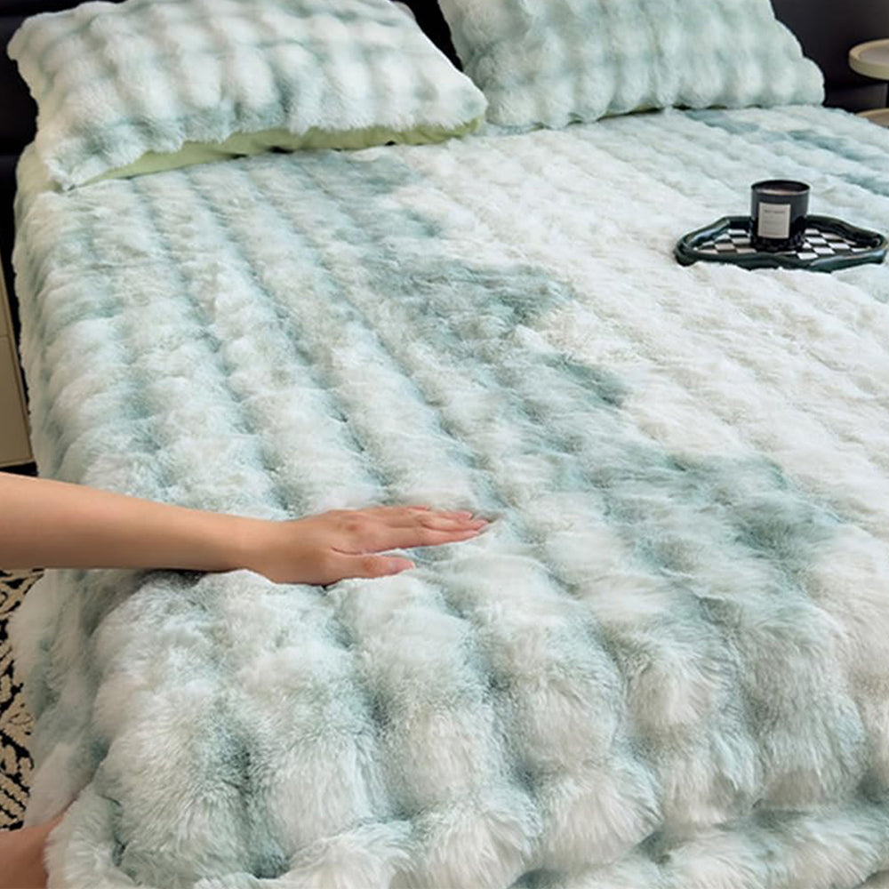 Faux Fur Fitted Sheet with Pillowcases-Green