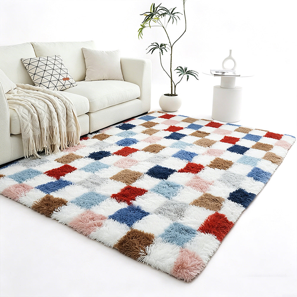Soft Plush Shaggy Rug Checkered Thickened Non Slip Carpet for Living Room Bedroom