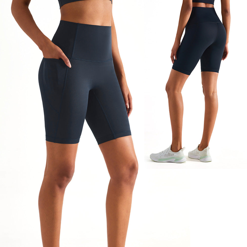 Women High Waist Biker Yoga Shorts with Pockets-Black