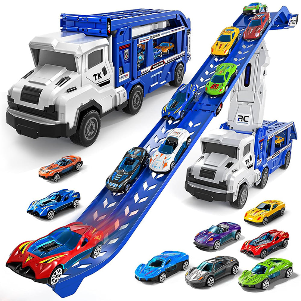 Large Dual Track Transporter Truck Toy Set with 6 Alloy Racing Cars