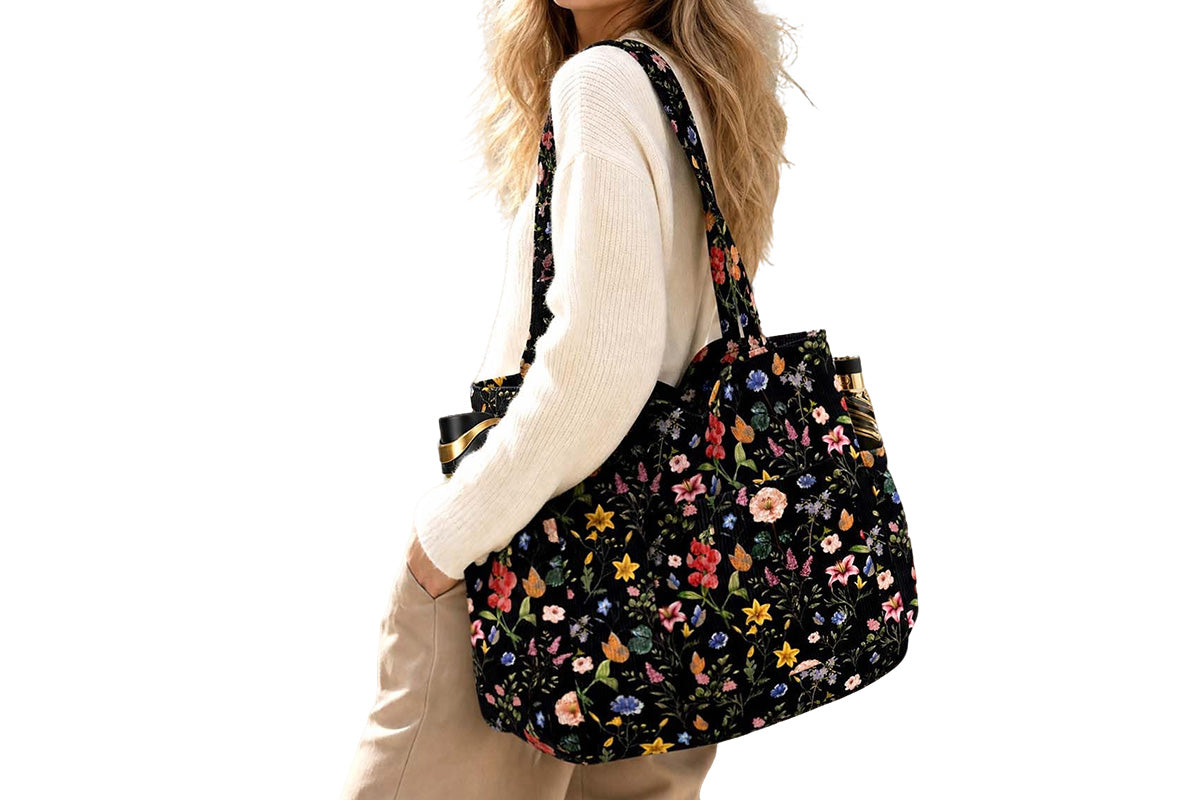 Corduroy Tote Bag with Side Water Bottle Pockets Large Shoulder Bag Casual Handbag
