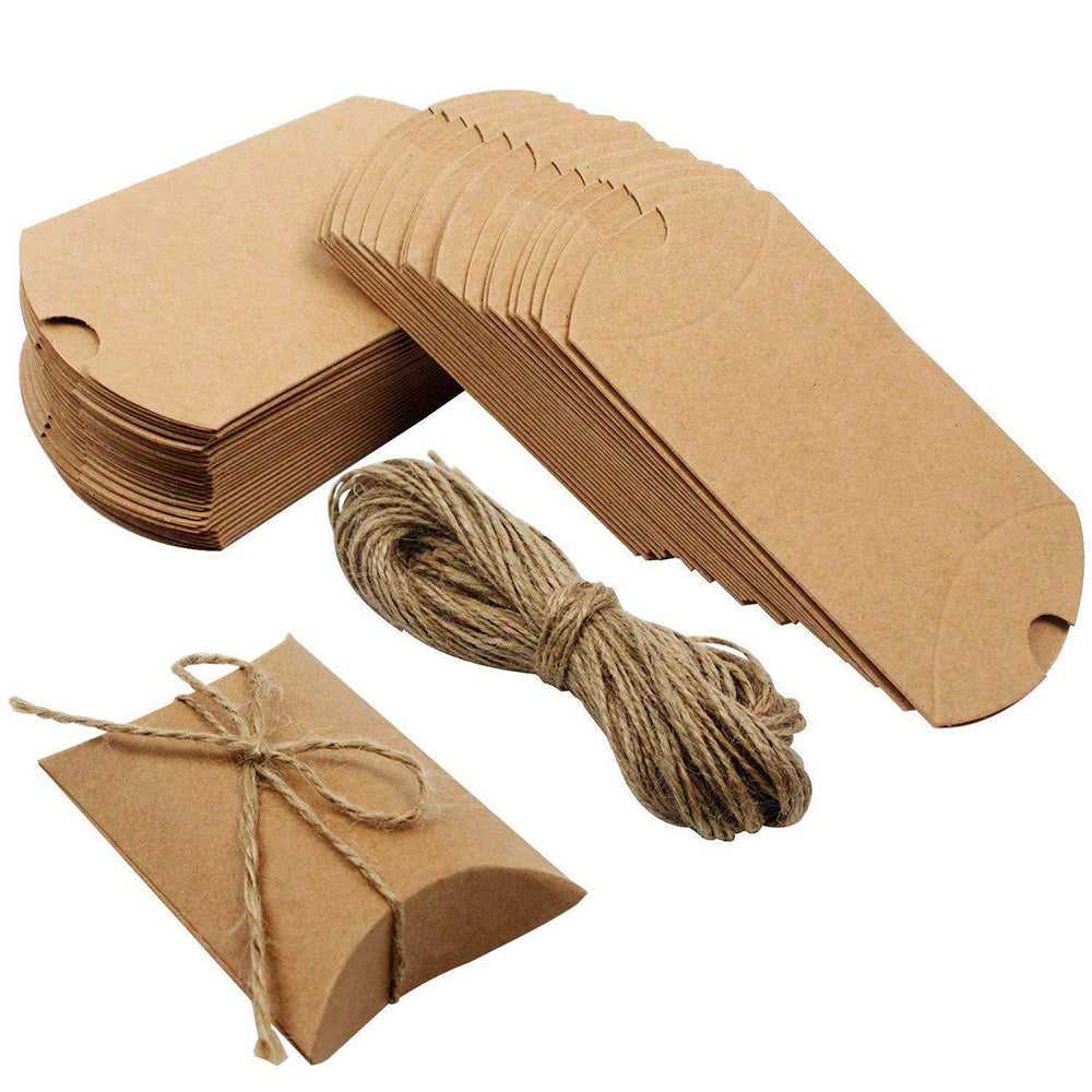 50 Pack Kraft Paper Pillow Gift Boxes with Ribbons for Weddings and Parties
