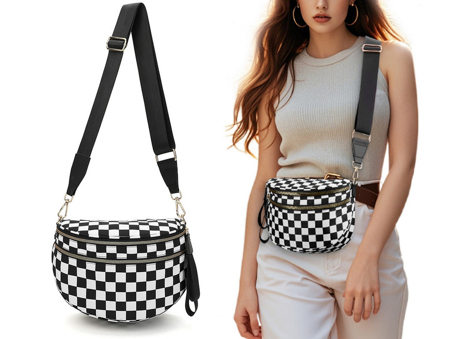 Checkered Crossbody Bag Belt Bag Bum Bag For Women Sling Bag With Shoulder Strap