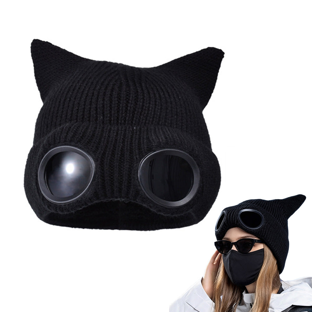 Double Layer Knit Winter Beanie with Goggles Cute Cat Ear Knit Beanie for Winter