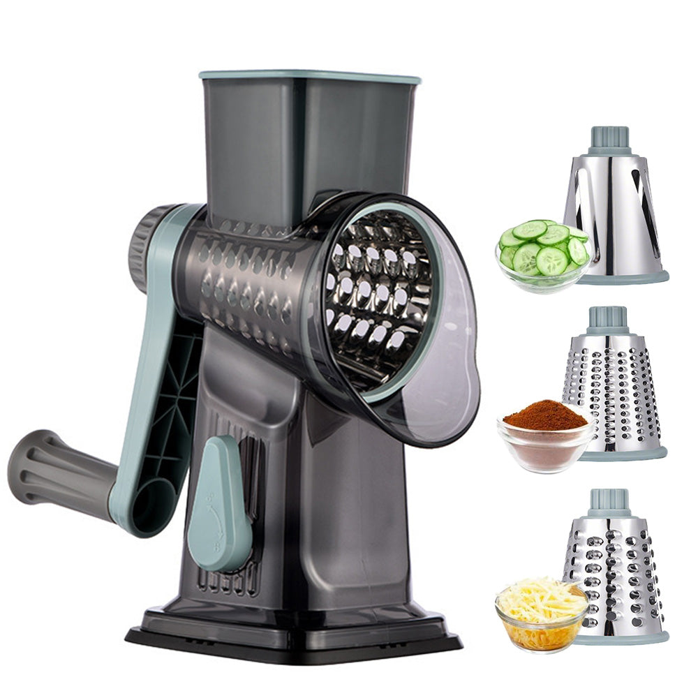 Rotary Vegetable Chopper 3-Blade Cylinder Hand-Cranked Slicer Shredder Grater