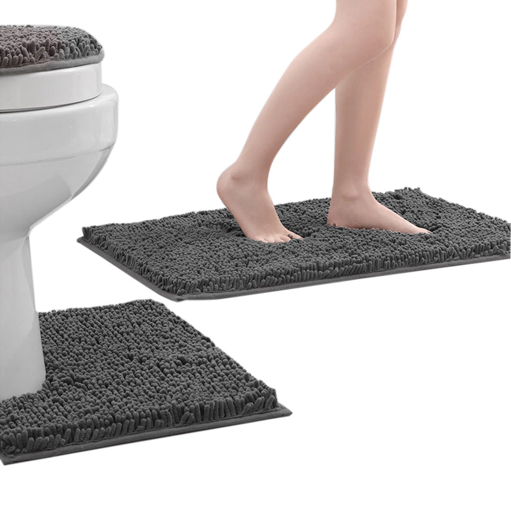 2 Piece Absorbent Bathroom Mat and U Shape Toilet Rug Set