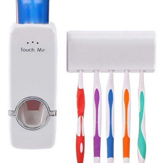 Toothpaste Dispenser and 5 Toothbrush Holder Set Wall Mount Stand