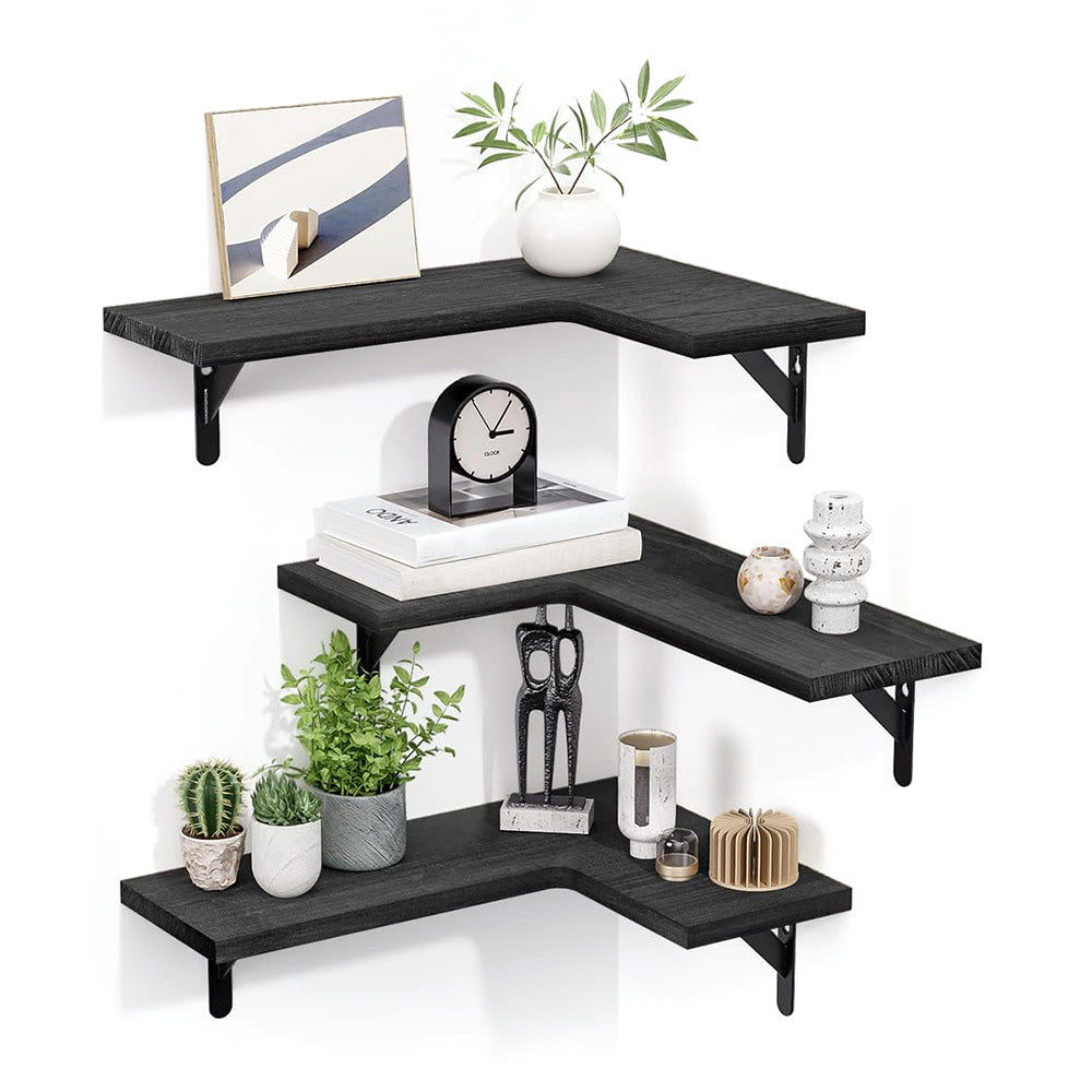 Corner Floating Shelves Set of 3 Wall Mounted Rustic Wood Storage Display Shelves