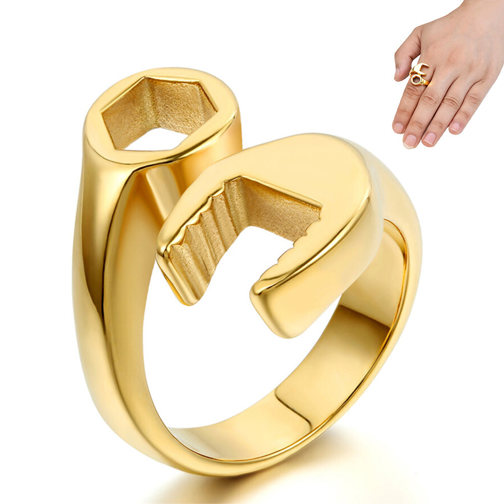 Stainless Steel Wrench Shaped Industrial Punk Ring for Men and Women-Gold