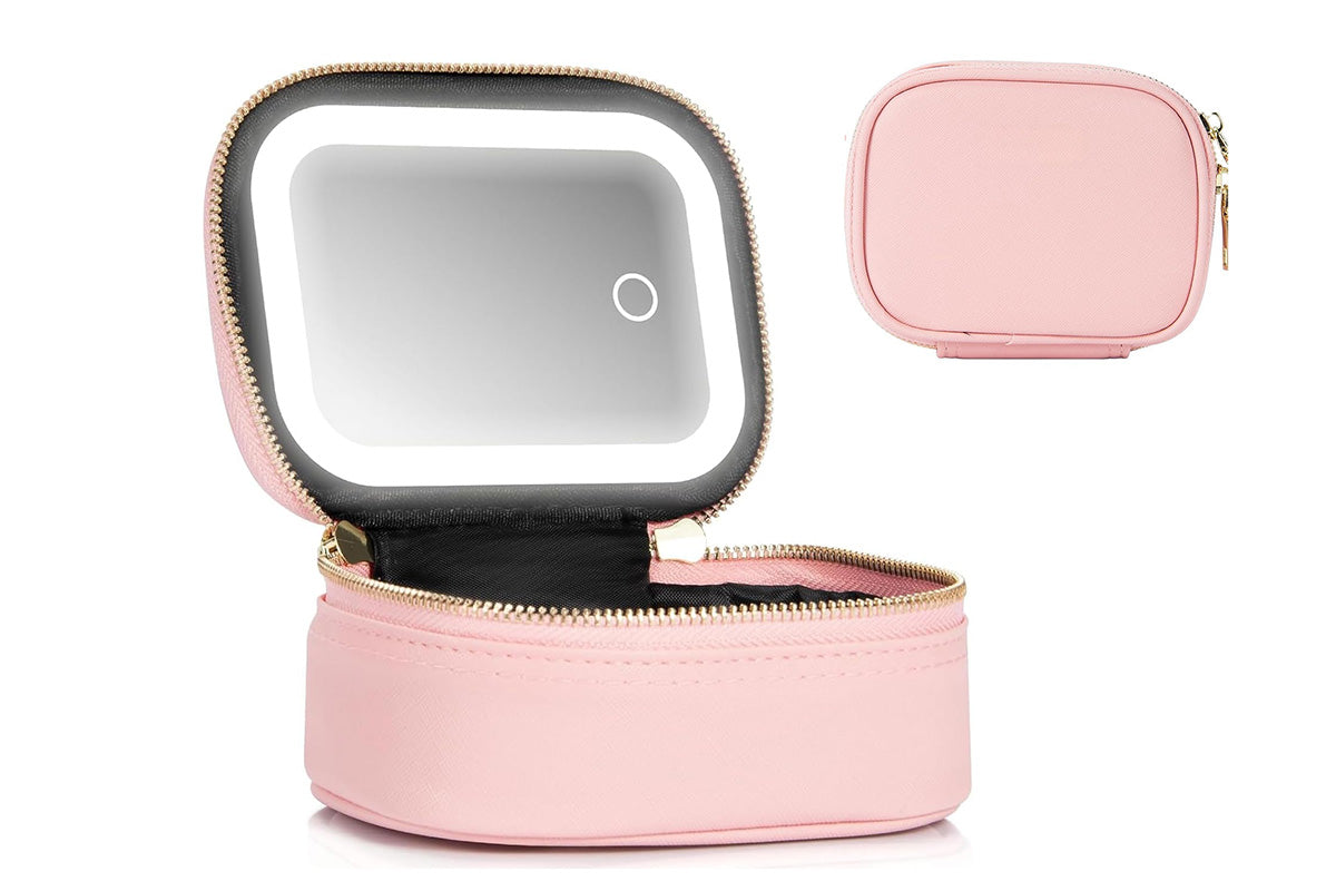 PU Leather Makeup Case Lighted Mirror LED Travel Cosmetic Organizer