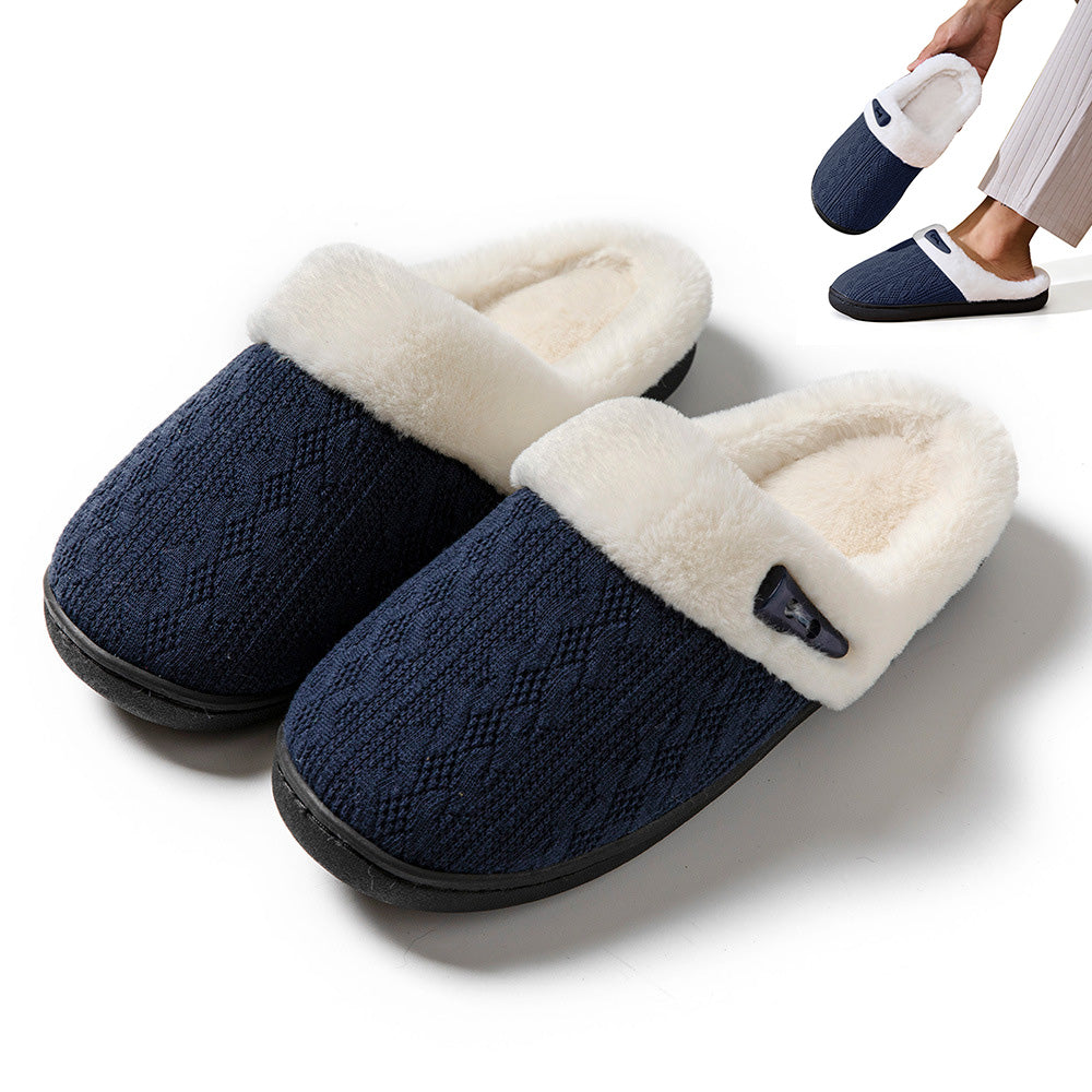 Indoor Non Slip Fuzzy Slippers for Women Warm Knitted House Shoes-Navy