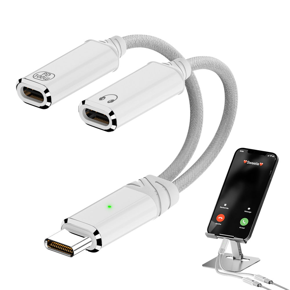 2-in-1 Audio Charger Splitter Type-C Male to USB Female with Type-C Female Charging 100W