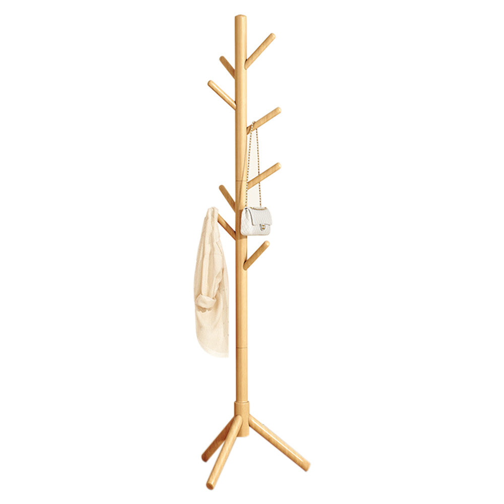 Solid Wood Freestanding Coat Rack with 8 Hooks Tripod Base for Bedroom Entryway