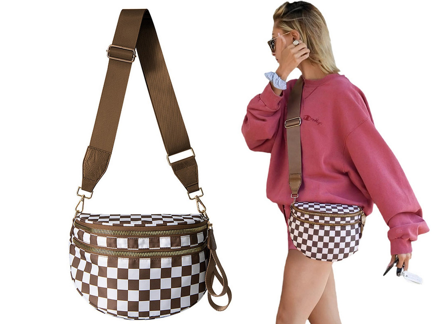 Checkered Crossbody Bag Belt Bag Bum Bag For Women Sling Bag With Shoulder Strap