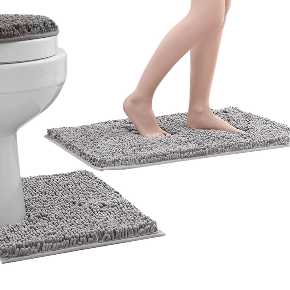 2 Piece Absorbent Bathroom Mat and U Shape Toilet Rug Set