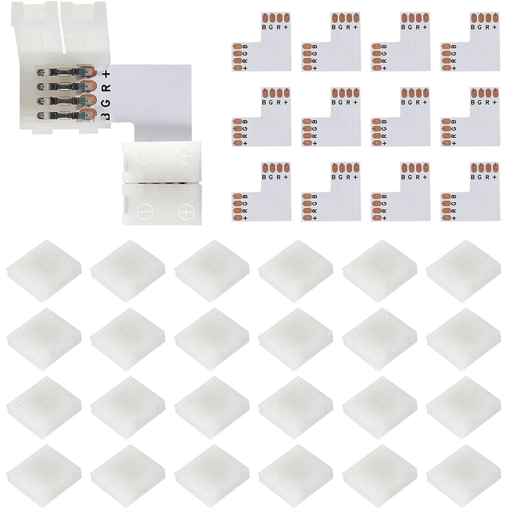 10Pcs L Shape 4-Pin 10mm LED Connectors with 20Pcs Clips for Strip Lights