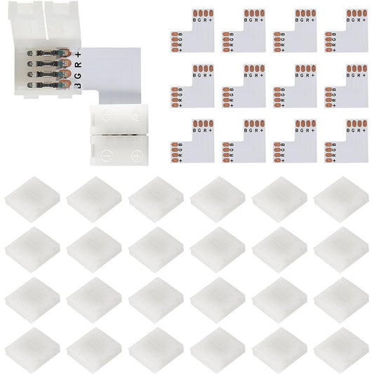10Pcs L Shape 4-Pin 10mm LED Connectors with 20Pcs Clips for Strip Lights