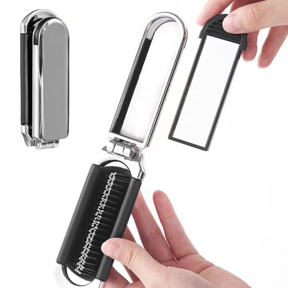 2Pcs Folding Hair Brush with Detachable Makeup Mirror Portable for Travel Student Office