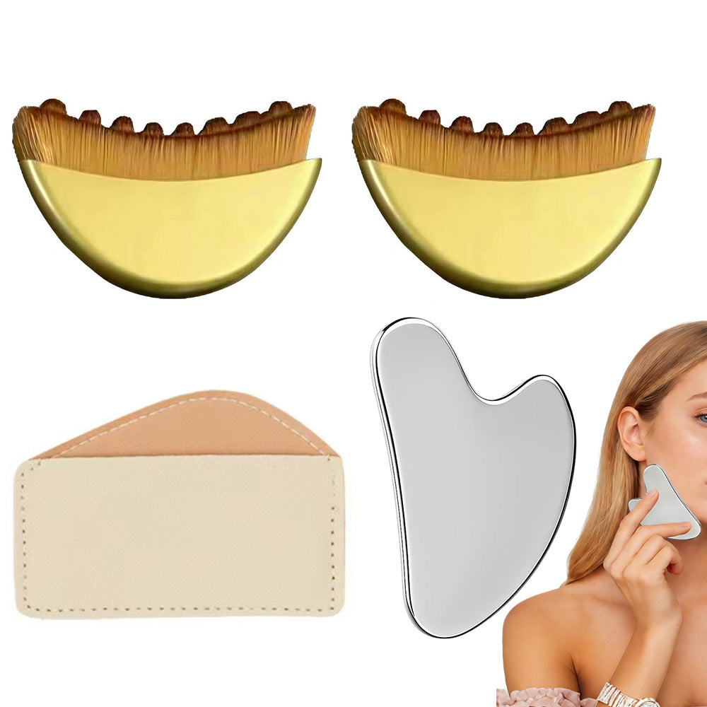 Stainless Steel Gua Sha Tool and Face Brush Set-Gold