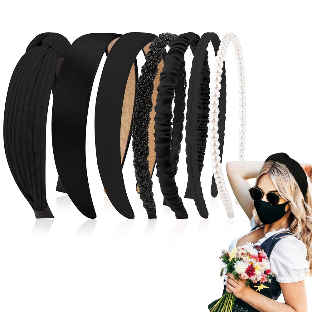 7 Piece Retro Pearl and Ribbon Hair Headband Set for Women