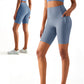 Women High Waist Biker Yoga Shorts with Pockets-Light Blue