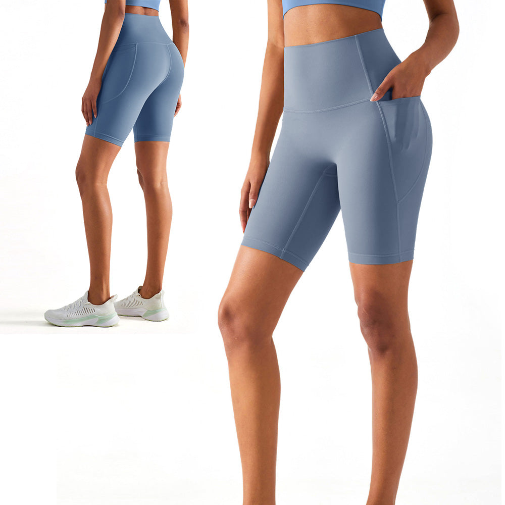 Women High Waist Biker Yoga Shorts with Pockets-Light Blue