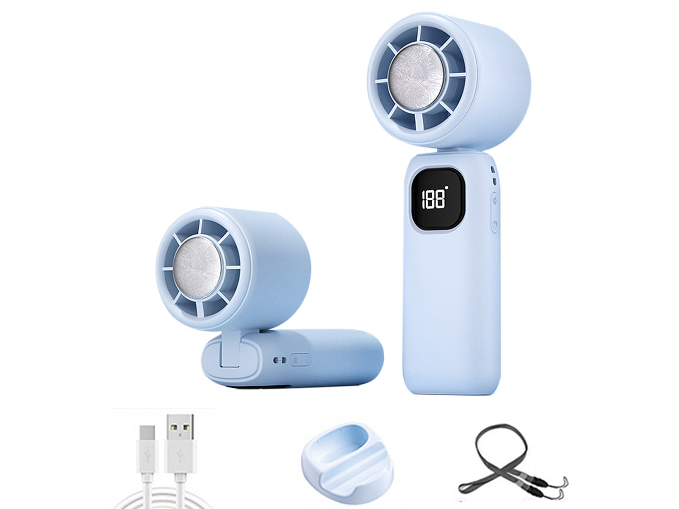 100 Speeds Digital Display Cooling Fan USB Fan with Lanyard and Phone Holder Base