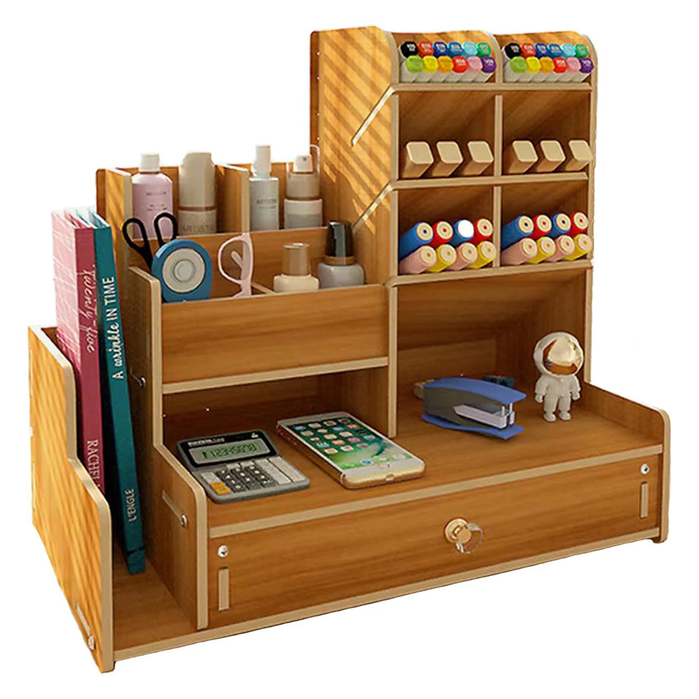 Wooden Desk Organizer with Drawers Art Supplies Storage Desktop Stationary