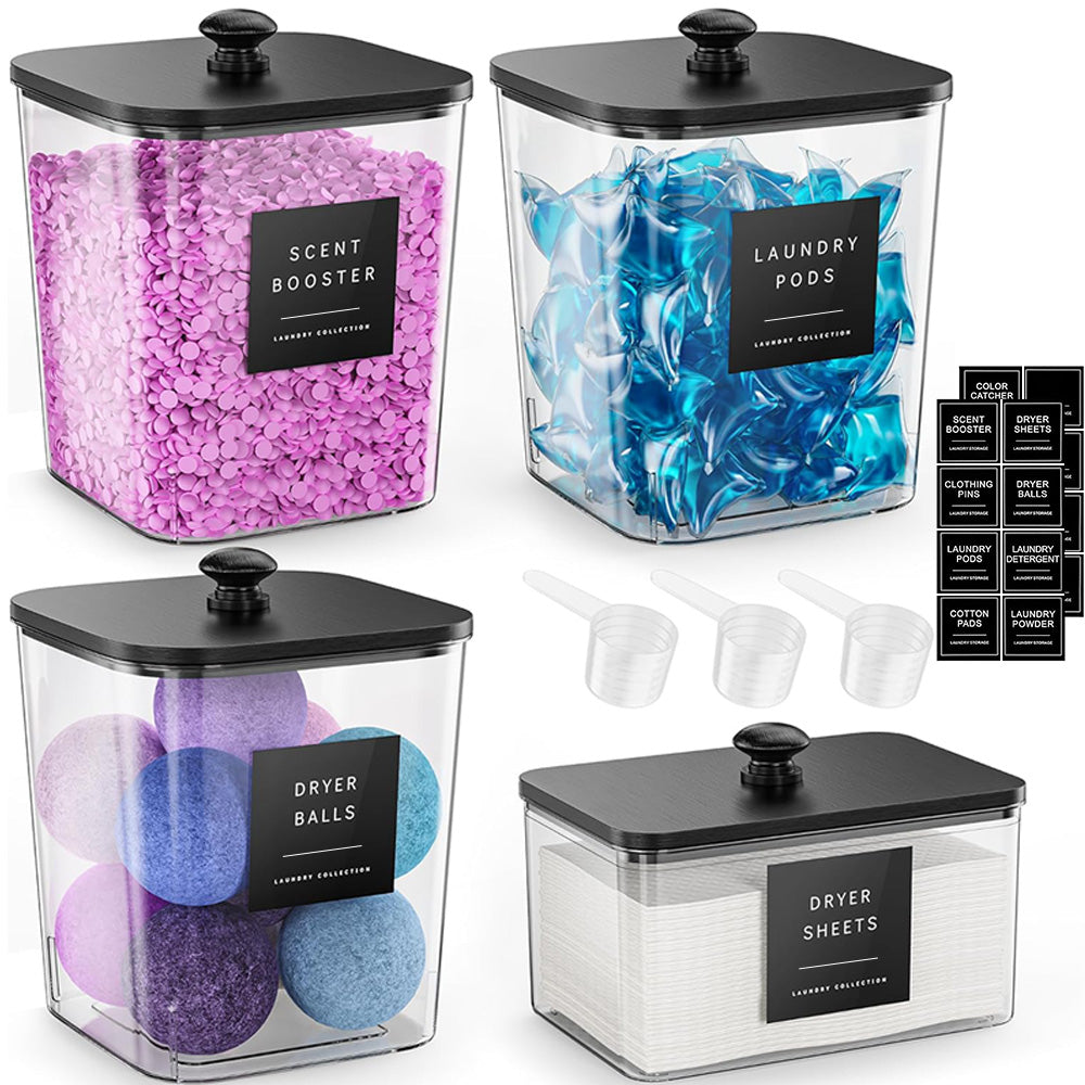 4Pcs Clear Laundry Storage Containers with Airtight Wooden Lids
