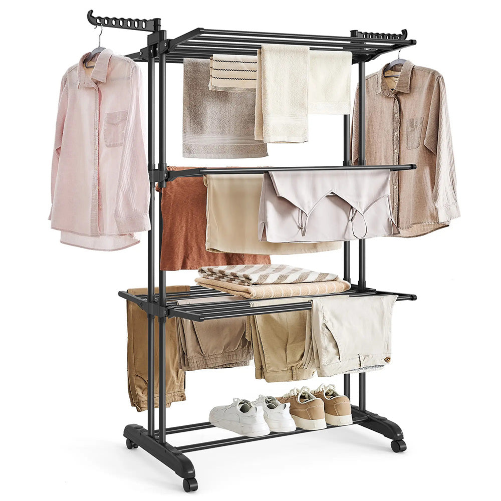 4 Tier Foldable Clothes Drying Rack with Wheels and Storage Hooks