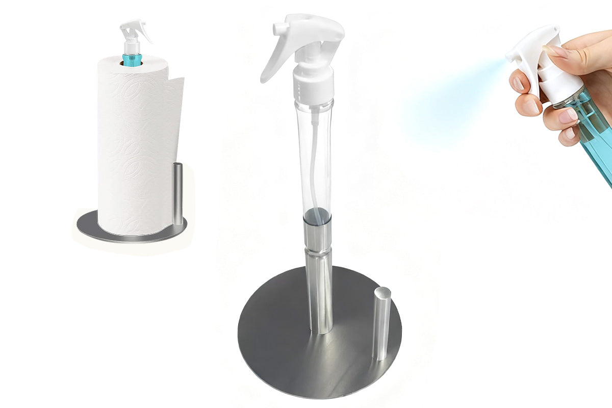 Standing Paper Towel Holder with Spray Pump Papertowels Roller Sprayer