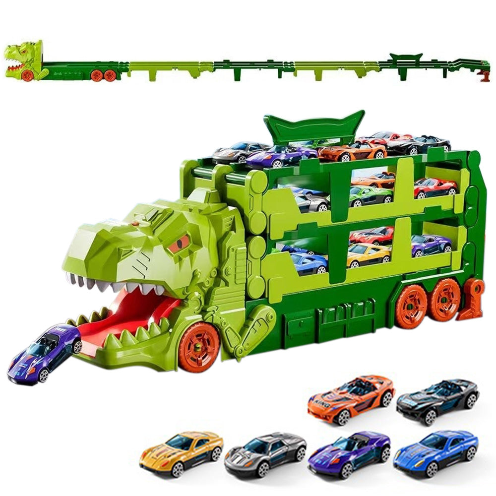 Foldable Dinosaur Truck with Dual Tracks and 6 Small Cars for Home Outdoors