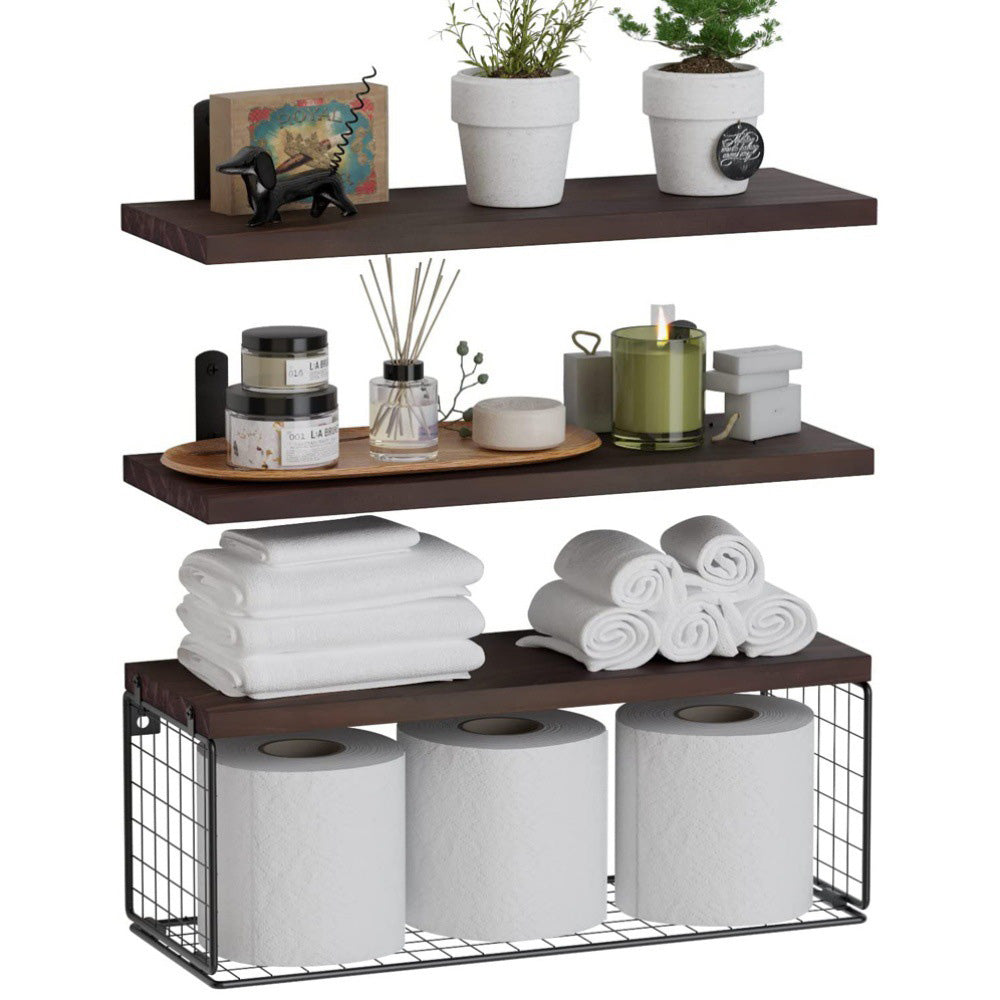 3 Piece Engineered Wood Wall Shelves with Metal Storage Basket