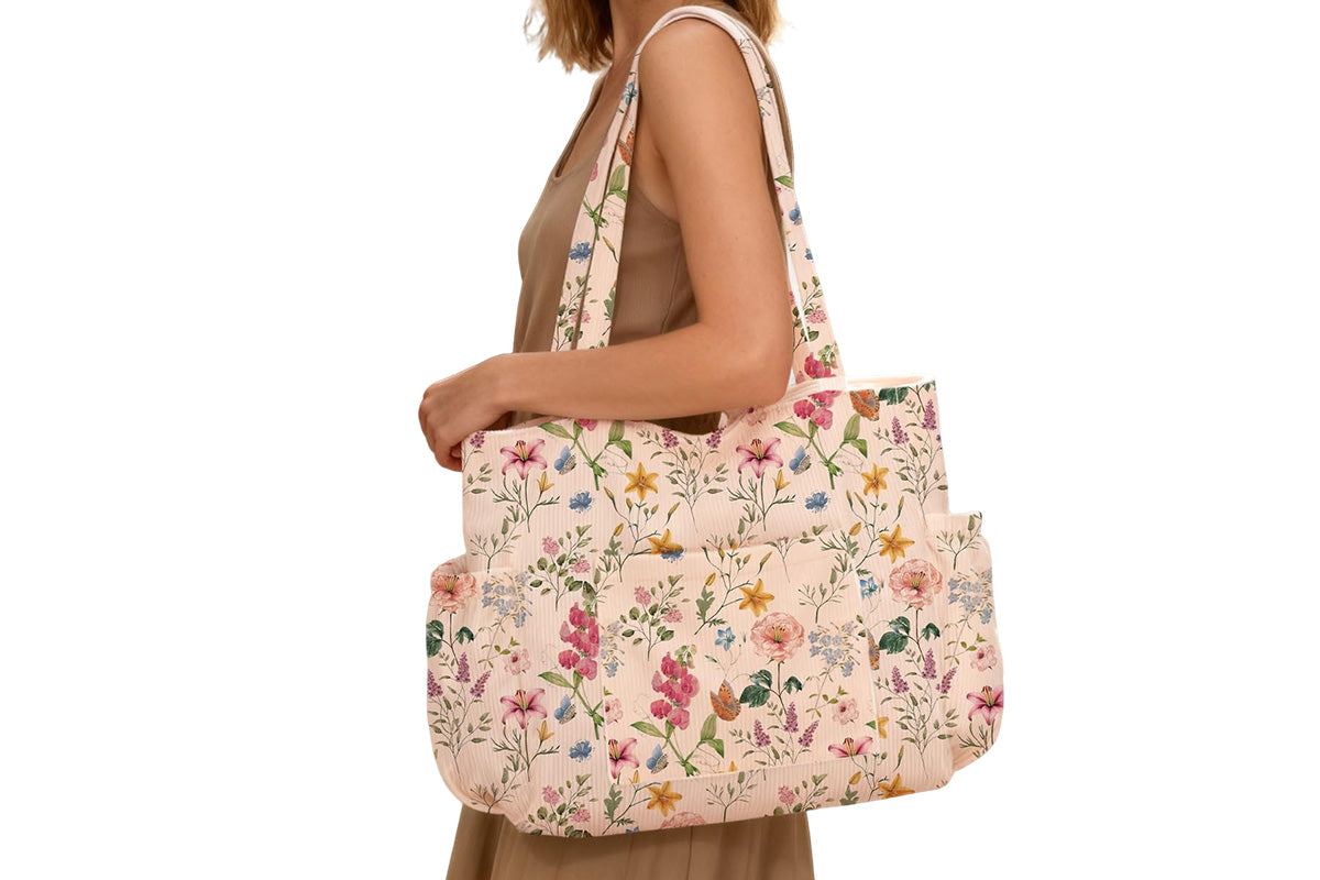 Corduroy Tote Bag with Side Water Bottle Pockets Large Shoulder Bag Casual Handbag
