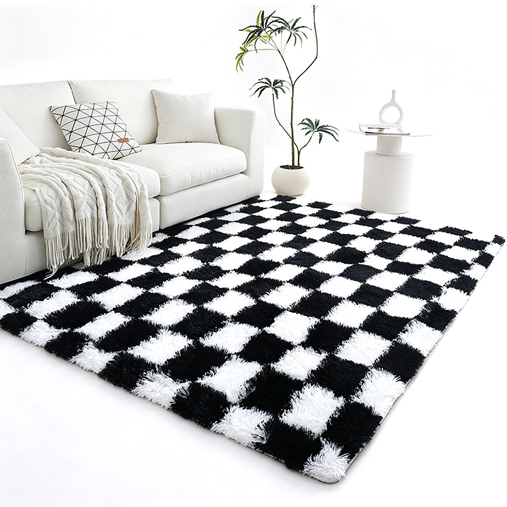 Soft Plush Shaggy Rug Checkered Thickened Non Slip Carpet for Living Room Bedroom