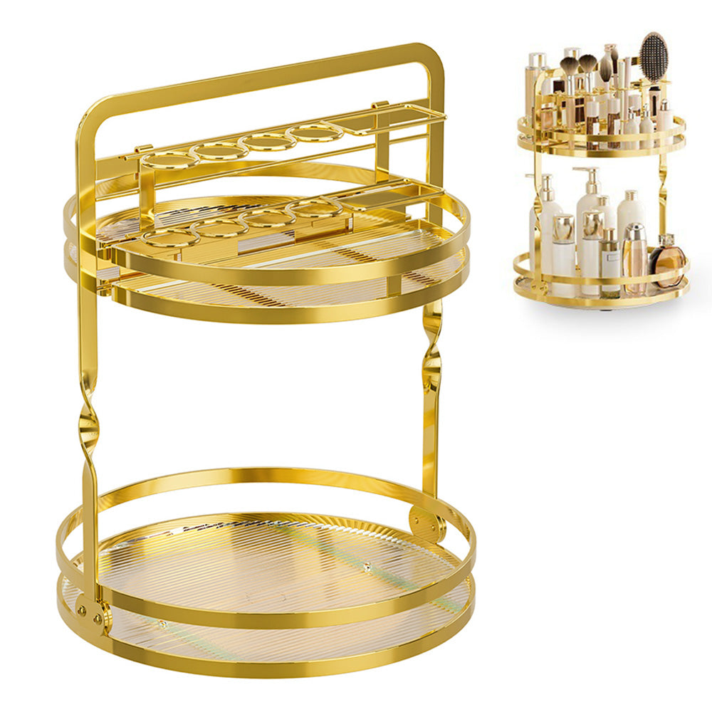 Rotating Makeup Organizer Double Layer with Brush Holder for Skincare Perfume