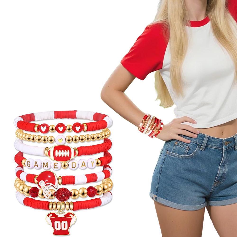 7 Piece Elastic Clay Bead Football Bracelet Stack Set