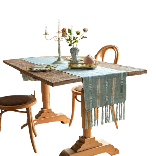 Vintage Farmhouse Woven Table Runner with Tassel for Dining Room Kitchen Reading Dresser