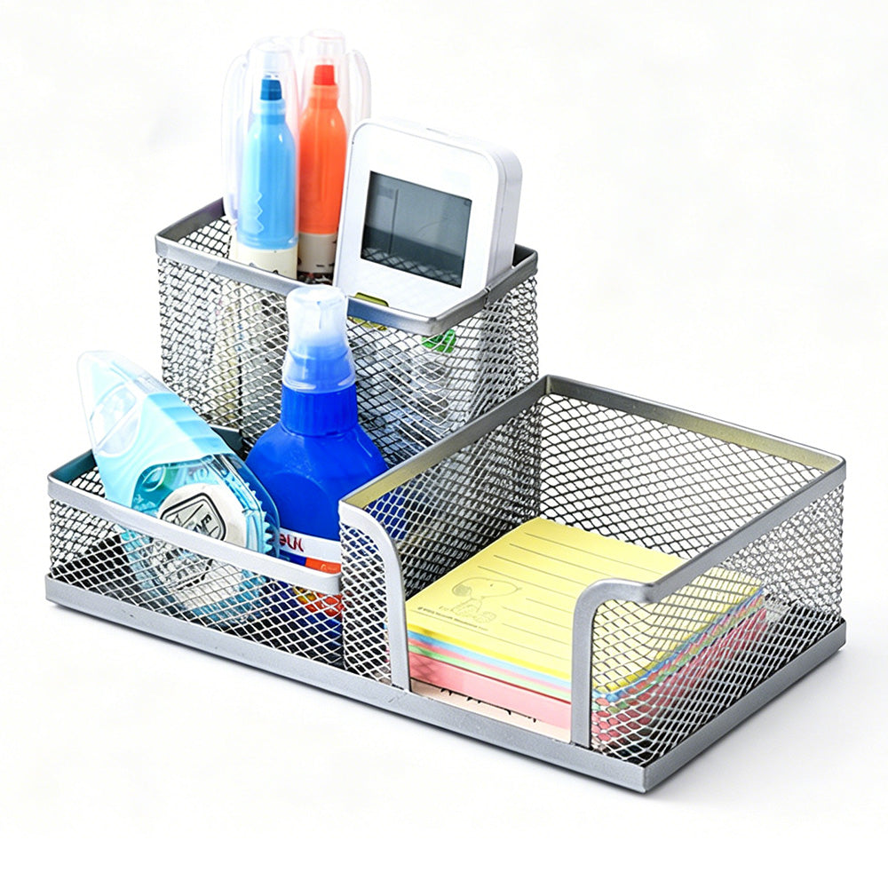 3 Compartment Mesh Pen Holder Desk Organizer Metal Office Supply Storage for Home School