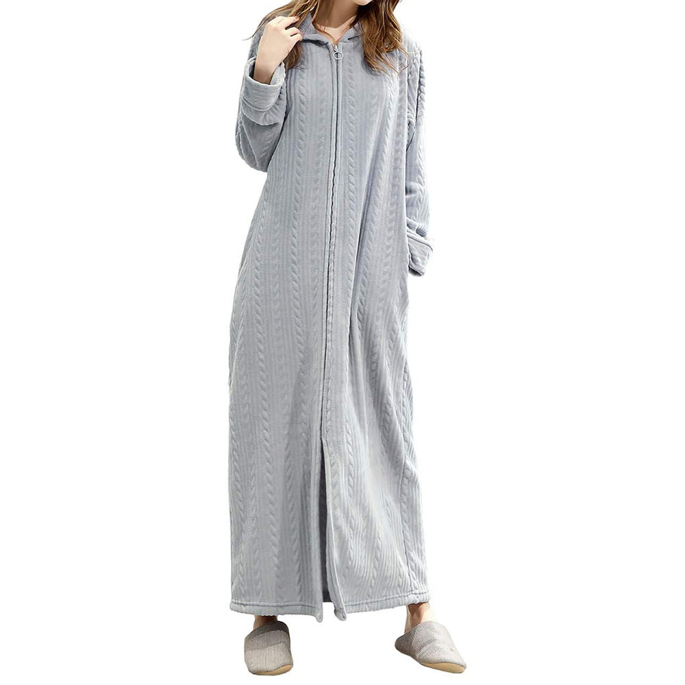 Unisex Long Hooded Zipper Bathrobe Fleece Robes Winter Warm Nightgown Sleepwear Pyjamas-Grey